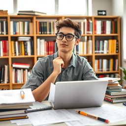 A highly intelligent student engaged in research, seated at a modern desk filled with books, scientific journals, and a laptop