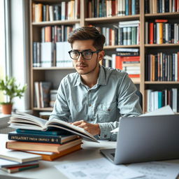 A highly intelligent student engaged in research, seated at a modern desk filled with books, scientific journals, and a laptop