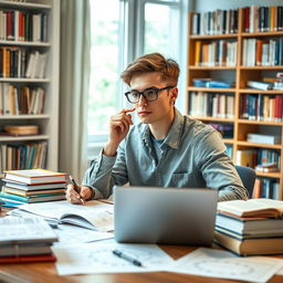 A highly intelligent student engaged in research, seated at a modern desk filled with books, scientific journals, and a laptop