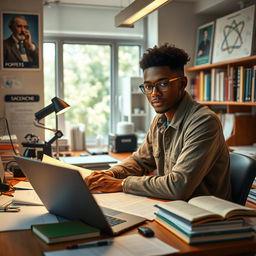 A highly intelligent student immersed in research, surrounded by books, advanced technology, and scientific equipment in a modern laboratory or study
