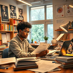 A highly intelligent student immersed in research, surrounded by books, advanced technology, and scientific equipment in a modern laboratory or study