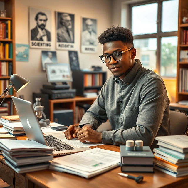 A highly intelligent student immersed in research, surrounded by books, advanced technology, and scientific equipment in a modern laboratory or study