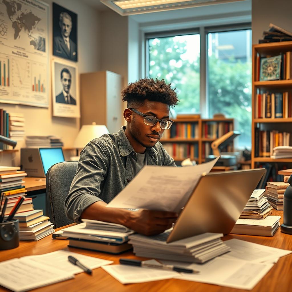 A highly intelligent student immersed in research, surrounded by books, advanced technology, and scientific equipment in a modern laboratory or study