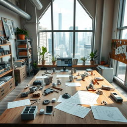 A sleek and modern industrial designer workspace featuring a large wooden table with sketches and 3D models scattered across it