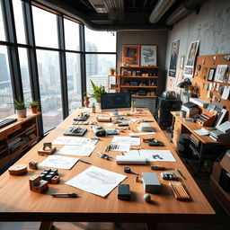 A sleek and modern industrial designer workspace featuring a large wooden table with sketches and 3D models scattered across it