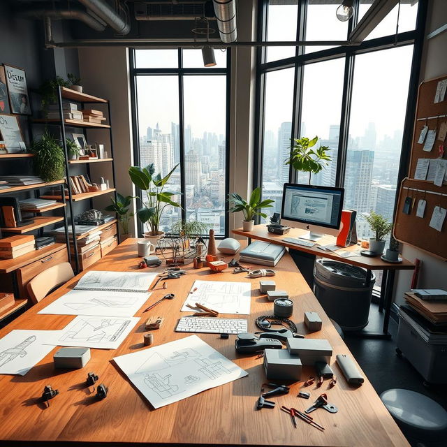 A sleek and modern industrial designer workspace featuring a large wooden table with sketches and 3D models scattered across it