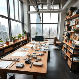 A sleek and modern industrial designer workspace featuring a large wooden table with sketches and 3D models scattered across it