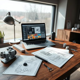 A sleek and modern cover photo for an industrial designer's profile, featuring a stylish workspace with cutting-edge design tools, blueprints, and 3D printed prototypes
