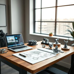 A sleek and modern cover photo for an industrial designer's profile, featuring a stylish workspace with cutting-edge design tools, blueprints, and 3D printed prototypes