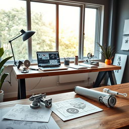 A sleek and modern cover photo for an industrial designer's profile, featuring a stylish workspace with cutting-edge design tools, blueprints, and 3D printed prototypes