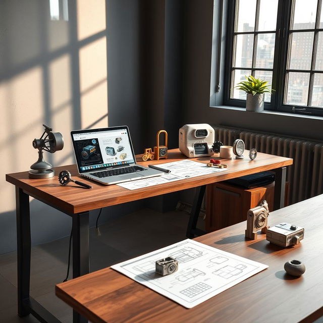 A sleek and modern cover photo for an industrial designer's profile, featuring a stylish workspace with cutting-edge design tools, blueprints, and 3D printed prototypes