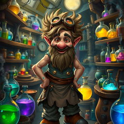 A whimsical DnD gnome alchemist, bustling about in a cluttered, enchanting laboratory filled with colorful potions and bubbling flasks
