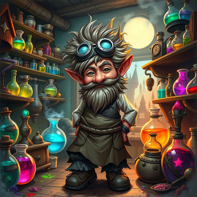 A whimsical DnD gnome alchemist, bustling about in a cluttered, enchanting laboratory filled with colorful potions and bubbling flasks