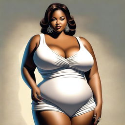 The image is a tasteful digital art, featuring a woman with a fuller figure