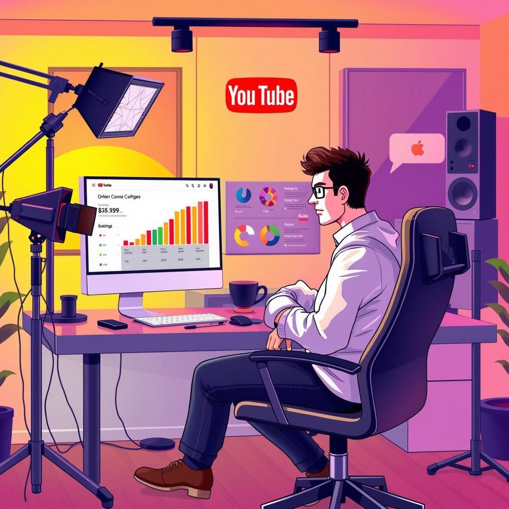 A vibrant and modern workspace showcasing a professional YouTuber seated at a desk