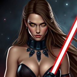 A seductive female Sith character inspired by Natalie Portman, showcasing striking yellow eyes