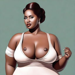 The image is a tasteful digital art, featuring a woman with a fuller figure