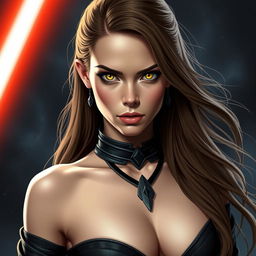 A seductive female Sith character inspired by Natalie Portman, showcasing striking yellow eyes
