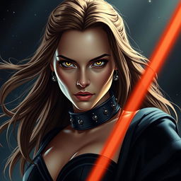 A seductive female Sith character inspired by Natalie Portman, showcasing striking yellow eyes