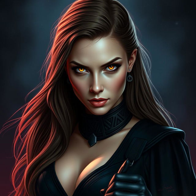 A seductive female Sith character inspired by Natalie Portman, showcasing striking yellow eyes