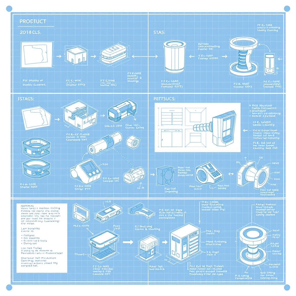 A detailed blueprint illustrating the transformation of a product idea into a tangible object