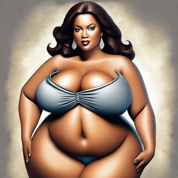 The image is a tasteful digital art, featuring a woman with a fuller figure