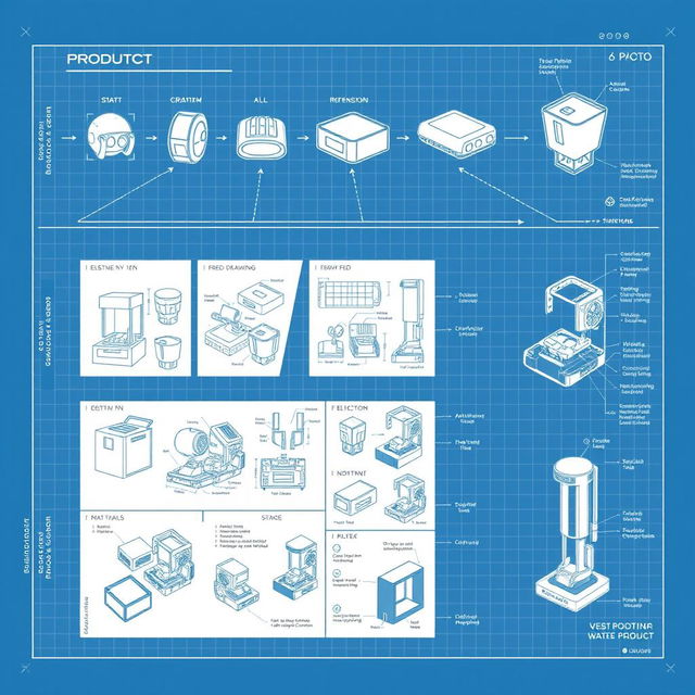 A detailed blueprint illustrating the transformation of a product idea into a tangible object