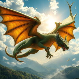 A majestic dragon soaring through a vibrant sky, its scales shimmering in various shades of green and gold