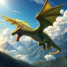 A majestic dragon soaring through a vibrant sky, its scales shimmering in various shades of green and gold