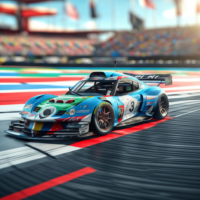 The image is a high-quality digital art representation of a Belizean race car on a professional track