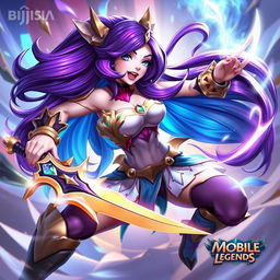 A powerful and dynamic character design of Panny from Mobile Legends, showcasing her vibrant, unique outfit and weaponry