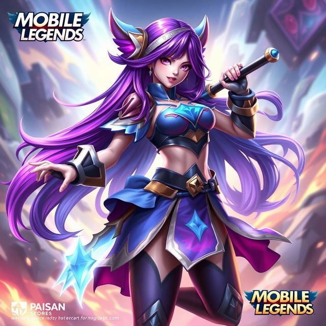 A powerful and dynamic character design of Panny from Mobile Legends, showcasing her vibrant, unique outfit and weaponry