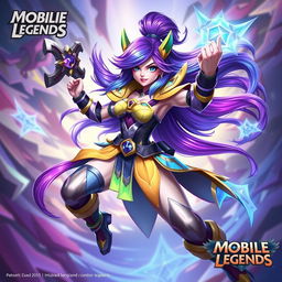 A powerful and dynamic character design of Panny from Mobile Legends, showcasing her vibrant, unique outfit and weaponry