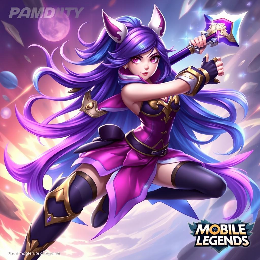 A powerful and dynamic character design of Panny from Mobile Legends, showcasing her vibrant, unique outfit and weaponry