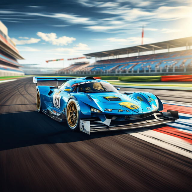 The image is a high-quality digital art representation of a Nicaraguan race car on a professional track