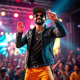 A realistic 3D render of a male singer inspired by Honey Singh, dressed in stylish urban fashion, wearing sunglasses and a trendy cap