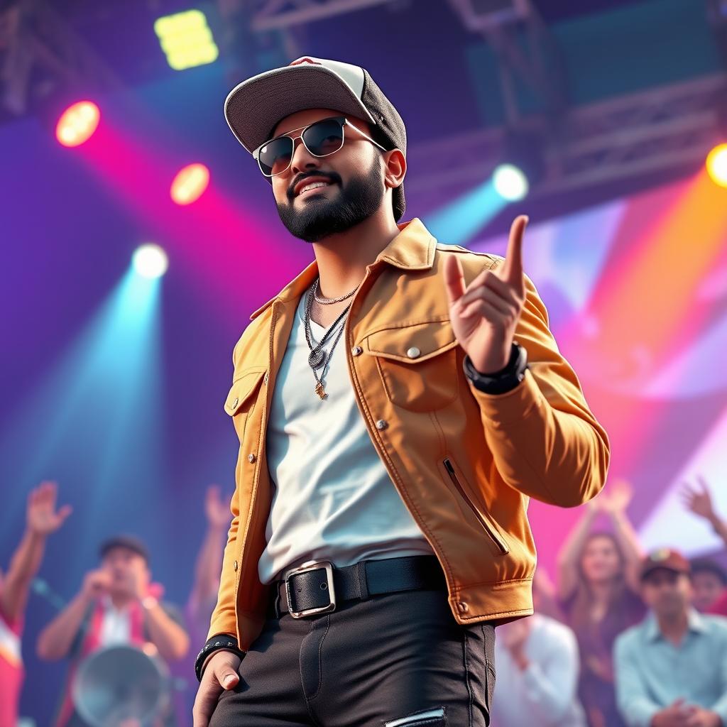 A realistic 3D render of a male singer inspired by Honey Singh, dressed in stylish urban fashion, wearing sunglasses and a trendy cap