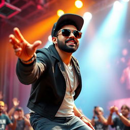 A realistic 3D render of a male singer inspired by Honey Singh, dressed in stylish urban fashion, wearing sunglasses and a trendy cap