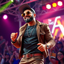 A realistic 3D render of a male singer inspired by Honey Singh, dressed in stylish urban fashion, wearing sunglasses and a trendy cap