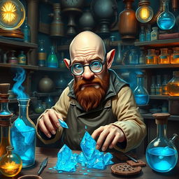 A whimsical DnD gnome alchemist resembling Walter White from "Breaking Bad", meticulously crafting blue crystals in a cluttered, enchanting laboratory