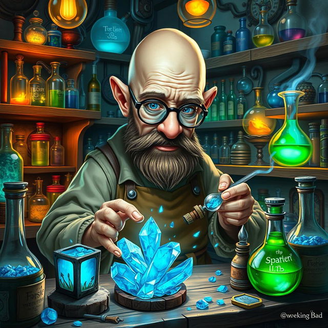 A whimsical DnD gnome alchemist resembling Walter White from "Breaking Bad", meticulously crafting blue crystals in a cluttered, enchanting laboratory