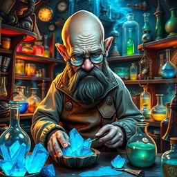 A whimsical DnD gnome alchemist resembling Walter White from "Breaking Bad", meticulously crafting blue crystals in a cluttered, enchanting laboratory