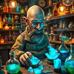 A whimsical DnD gnome alchemist resembling Walter White from "Breaking Bad", meticulously crafting blue crystals in a cluttered, enchanting laboratory
