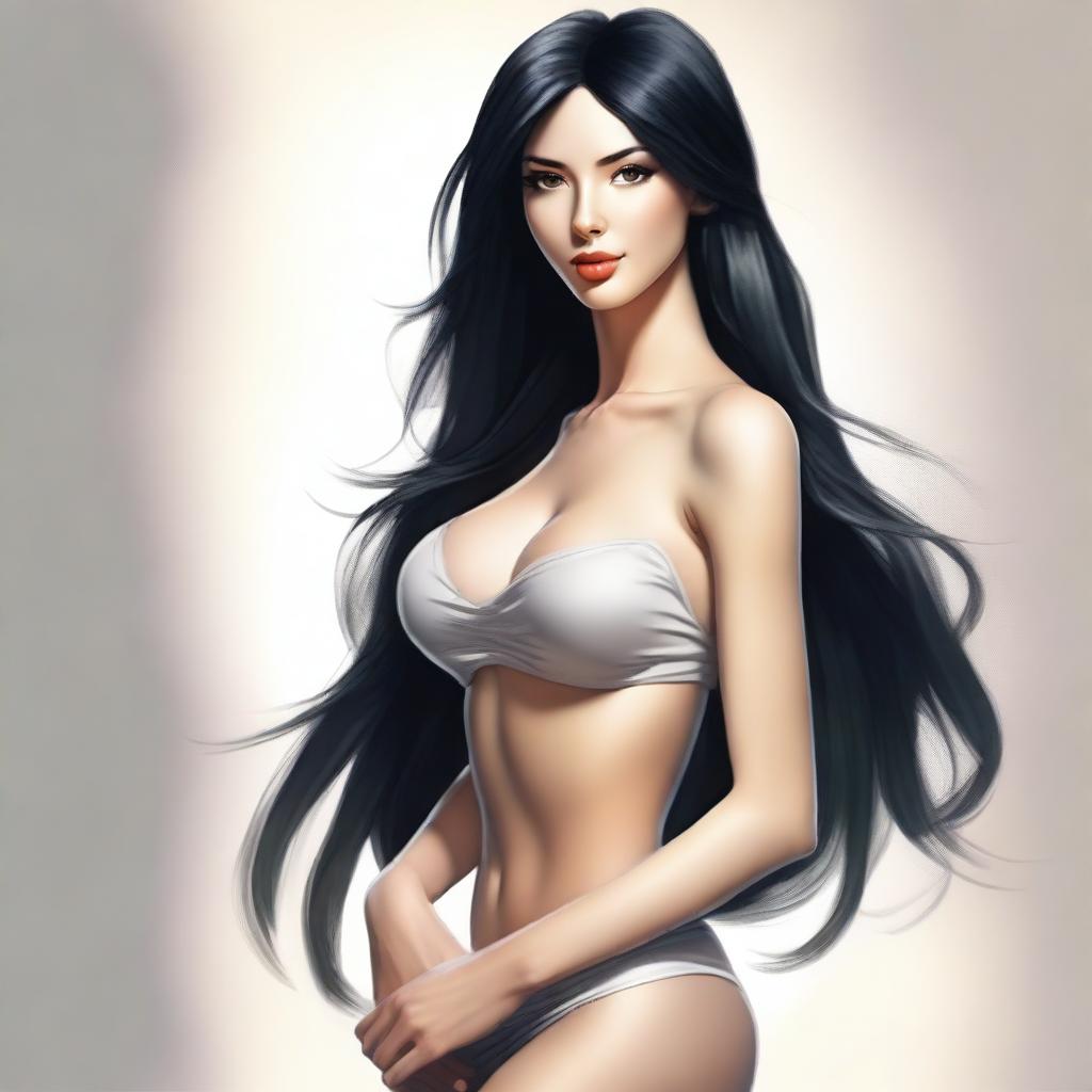 A highest quality digital art image depicting an attractive woman with long, beautiful black hair