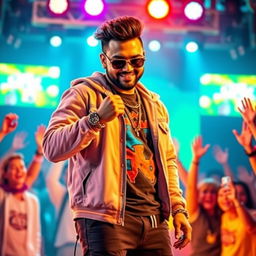 A vibrant portrait of a male singer, inspired by popular music icons like Honey Singh