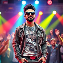 A vibrant portrait of a male singer, inspired by popular music icons like Honey Singh