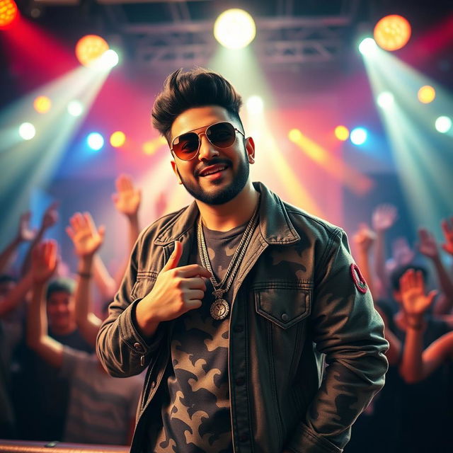 A vibrant portrait of a male singer, inspired by popular music icons like Honey Singh