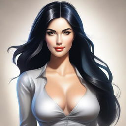 A highest quality digital art image depicting an attractive woman with long, beautiful black hair