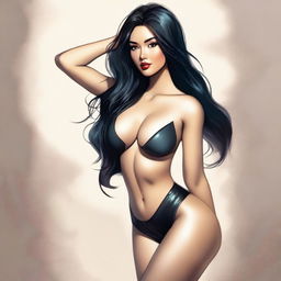 A highest quality digital art image depicting an attractive woman with long, beautiful black hair