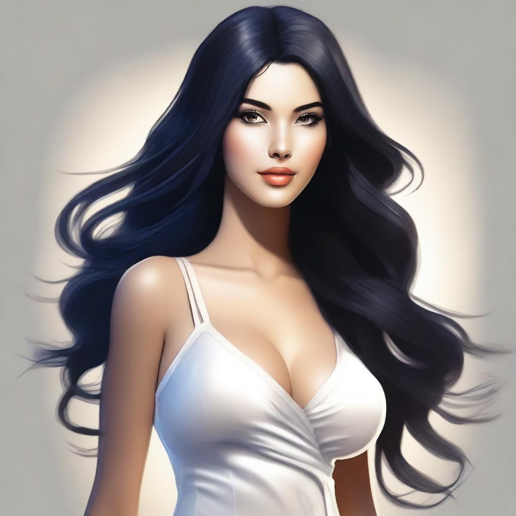 A highest quality digital art image depicting an attractive woman with long, beautiful black hair